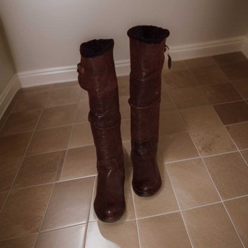 Henry Beguelin Fur lined Knee boots Cognac Brown Lug Sole 41 10.5 M Beautiful